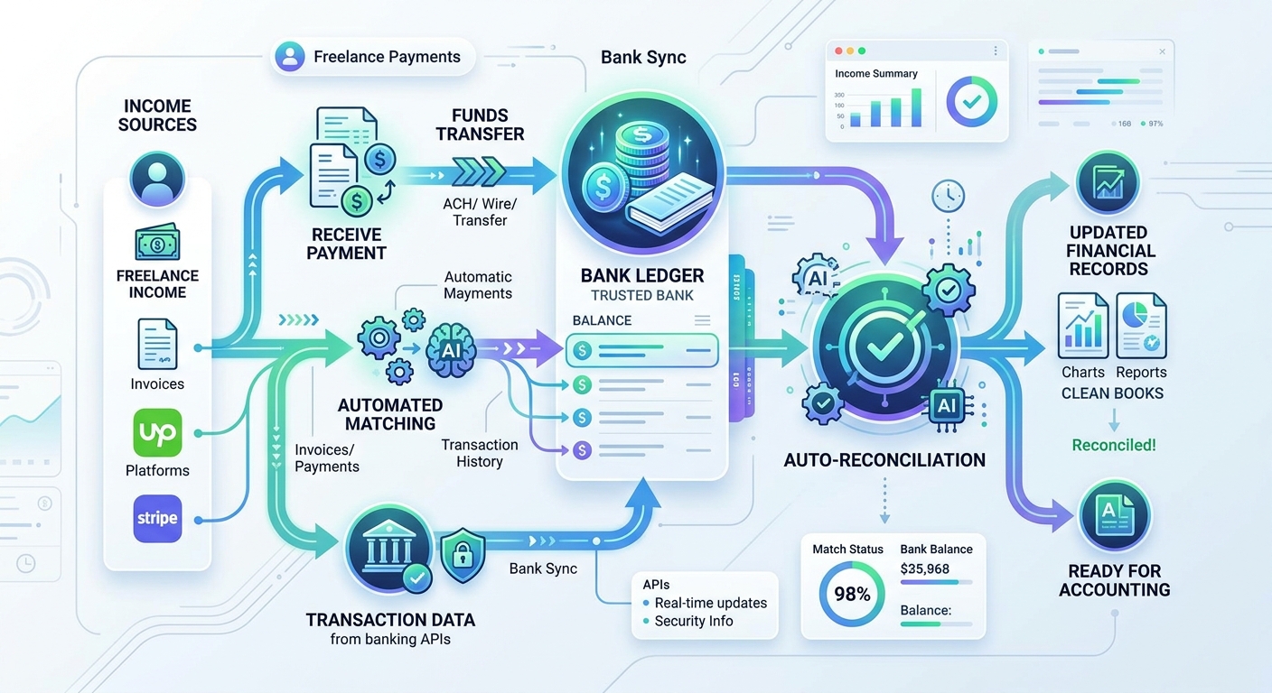 Workflow diagram showing bank transactions automatically categorizing into expense ledgers