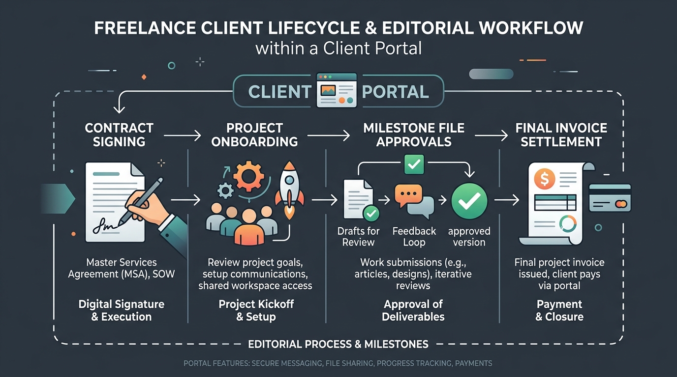 Editorial workflow diagram illustrating the freelance client lifecycle inside a client portal