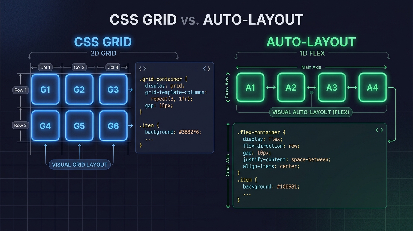 Illustration comparing CSS Grid to Auto-Layout in UI design
