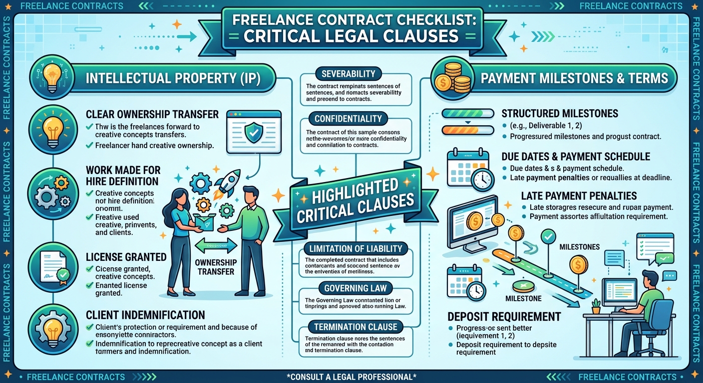 Checklist illustration highlighting critical legal clauses for freelance contractors