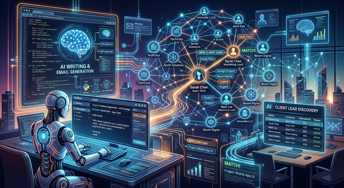 Conceptual illustration of AI models writing emails and analyzing network graphs of connections.