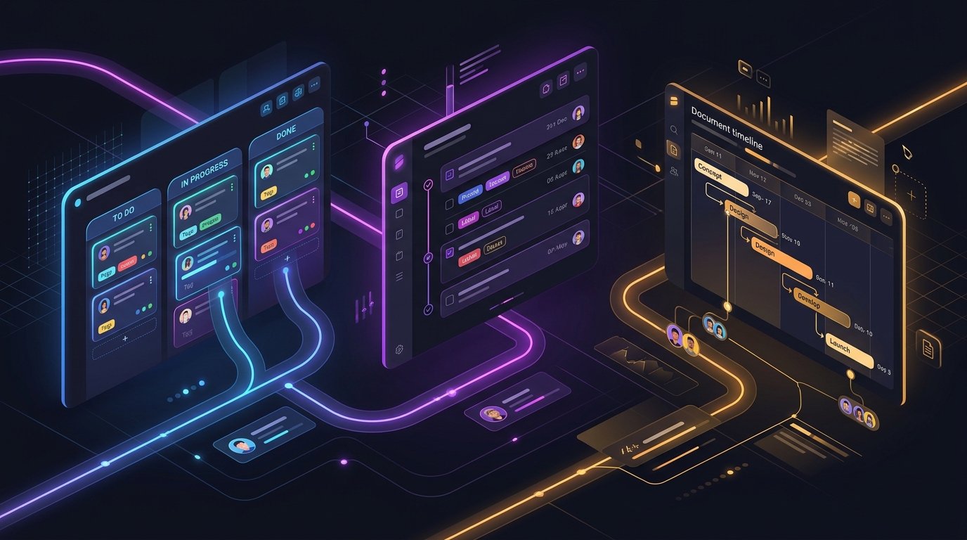 Editorial illustration comparing streamlined project management interfaces and alternative workflow paths.