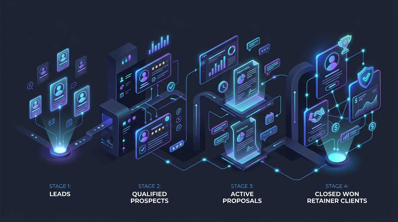 Editorial illustration of a freelancer client relationship pipeline with leads, qualified prospects, active proposals, and retainer clients.