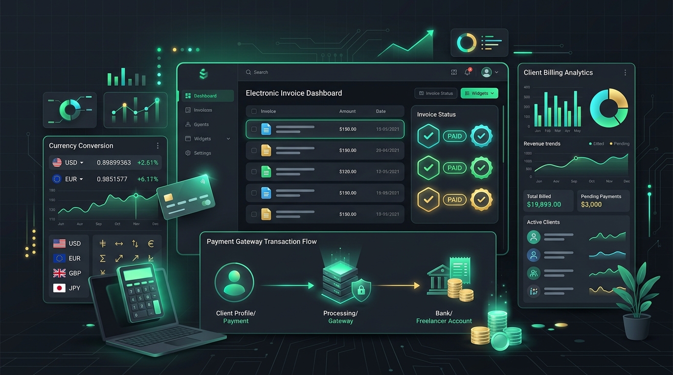 Editorial illustration of a digital invoicing dashboard, client payment status badges, currency flows, and billing analytics.