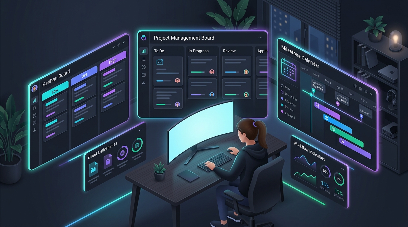 Editorial illustration of a freelancer workspace with project boards, task cards, calendar timelines, and client deliverables.