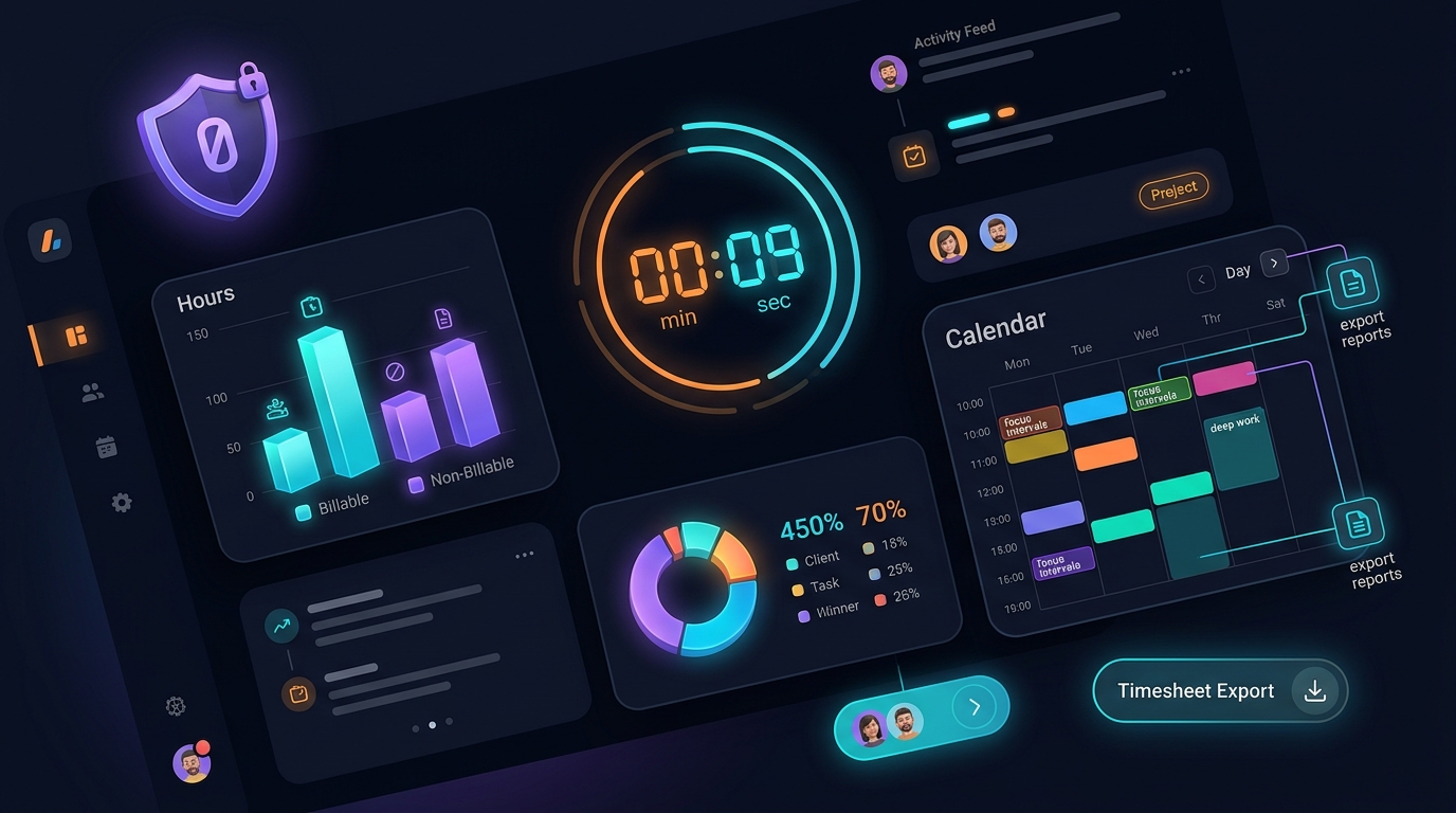 Editorial illustration of a freelancer time tracking dashboard with stopwatch timers, billable hours breakdown, and privacy protection shield.