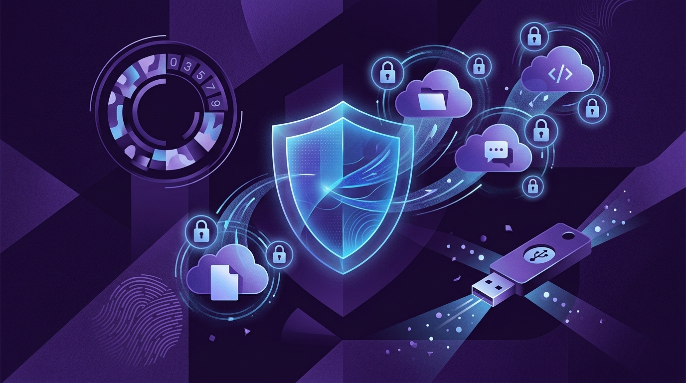 Professional editorial cybersecurity illustration showing passkey authentication shield, TOTP authenticator, USB security key, and protected freelance cloud accounts.