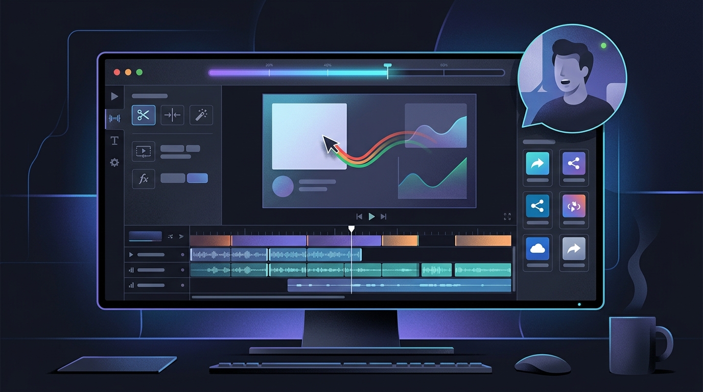 Professional editorial illustration of a freelance screen recording workstation with timeline editor, webcam inset, cursor trail, and instant share controls.