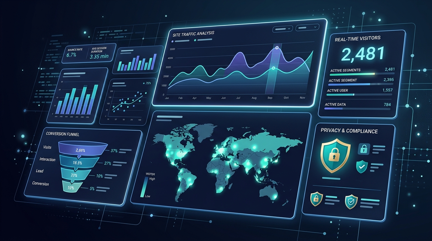Modern editorial illustration of a website analytics dashboard with traffic charts, conversion funnel, geographic heat map, and privacy compliance indicators.