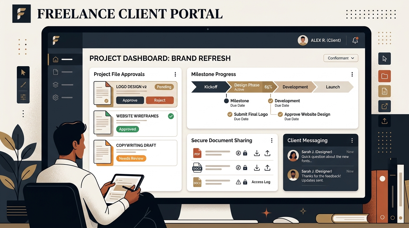 Modern editorial illustration of a freelance client portal dashboard with project file approvals, milestone progress, secure document sharing, and client messaging.