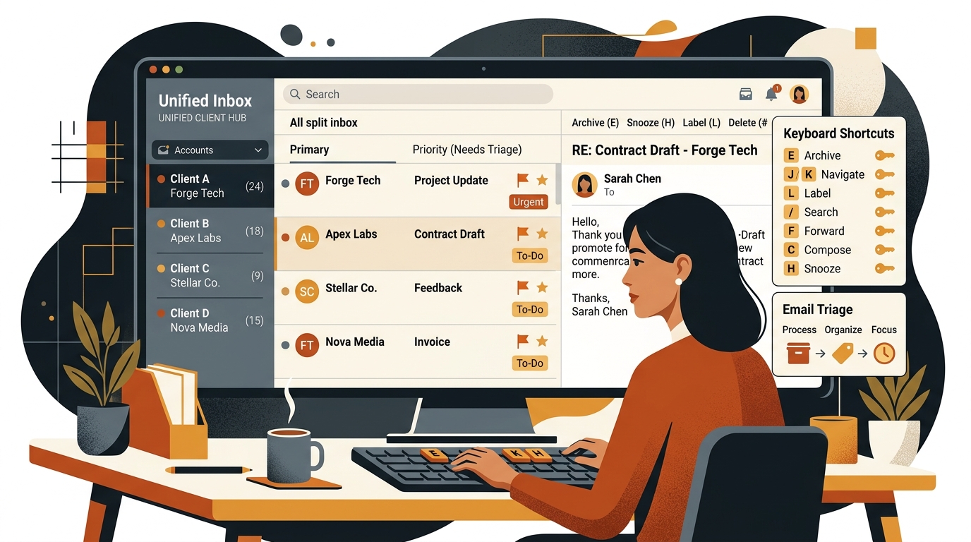 Modern editorial illustration of a unified email client interface for freelancers managing multiple client accounts, split inboxes, keyboard shortcuts, and email triage.