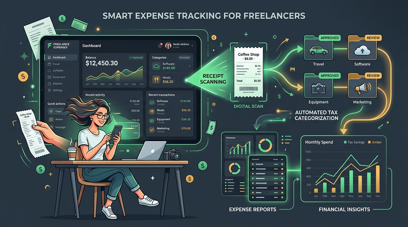 Modern editorial illustration of a digital business expense tracking app for freelancers with receipt scanning, automated tax categorization, and expense reports.