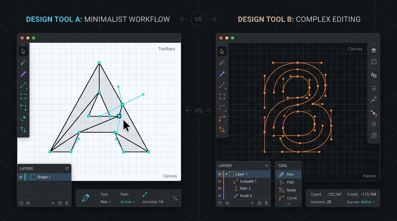 Conceptual comparison of digital design interfaces representing Figma and Penpot.