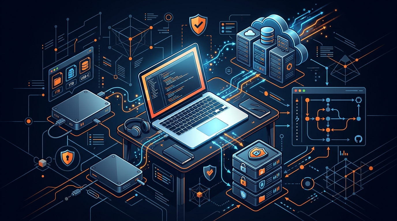 Professional editorial illustration of a freelancer's digital infrastructure with layered backup systems connecting a laptop to external drives, cloud storage, code repositories, and encrypted archives.