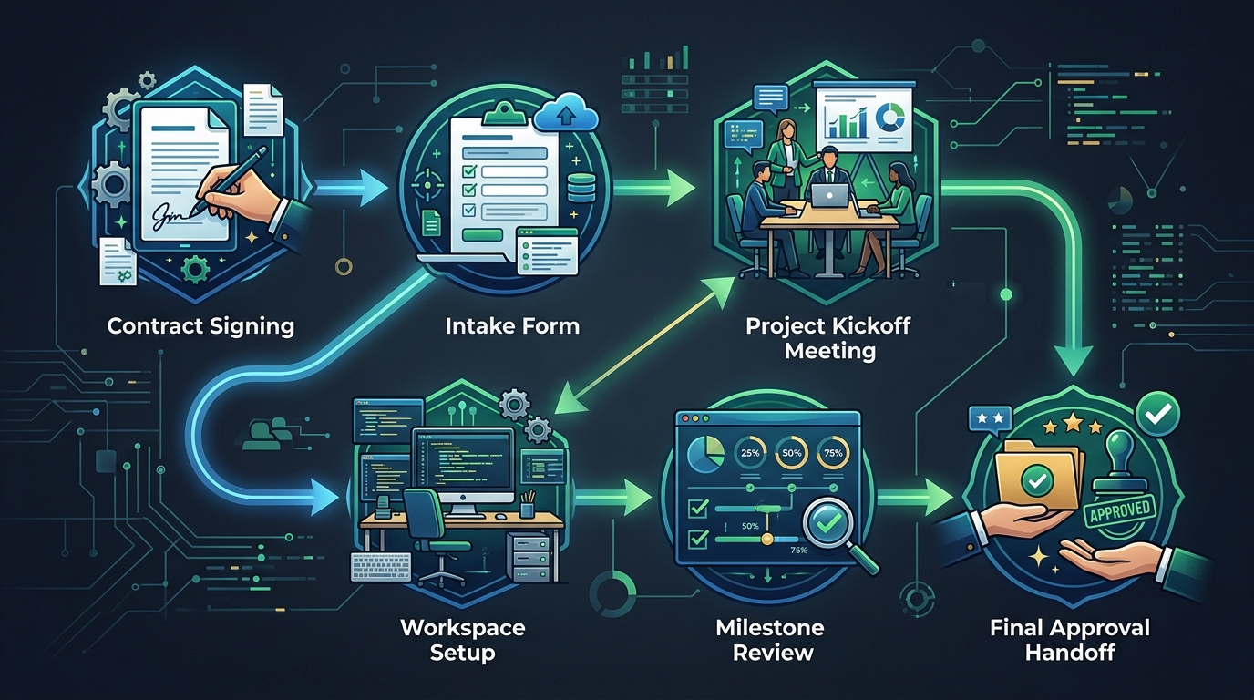 Professional editorial workflow illustration showing a freelance client onboarding process from contract signing through intake, kickoff, workspace setup, milestones, and final approval handoff.