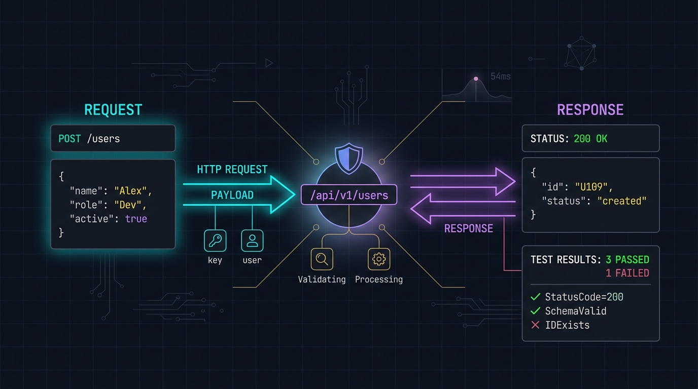 Conceptual illustration of API testing tools and JSON data payloads.