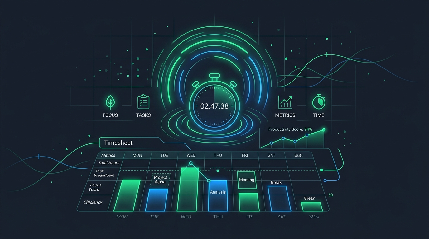 Conceptual illustration of digital stopwatch glow, timesheet charts, and precision time tracking metrics.